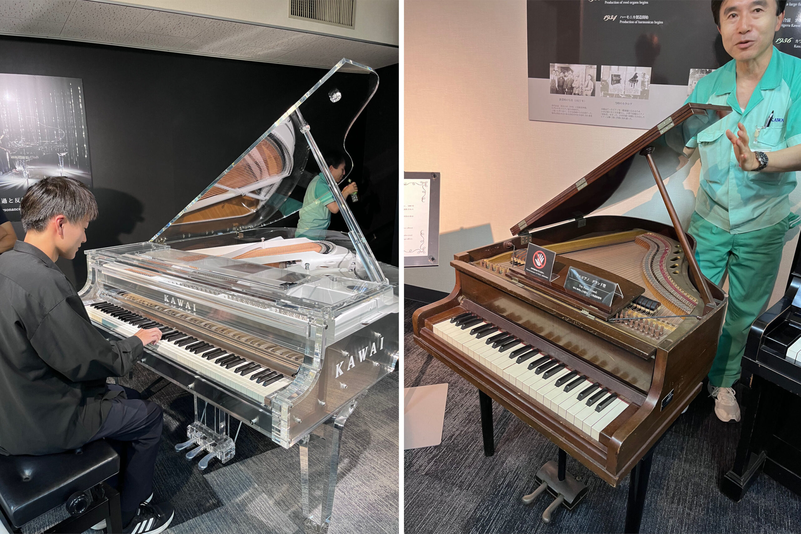 (左)クリスタルピアノ (右) 1948年頃、戦後の資材不足の中、技術を尽くして製作されたミニピアノ