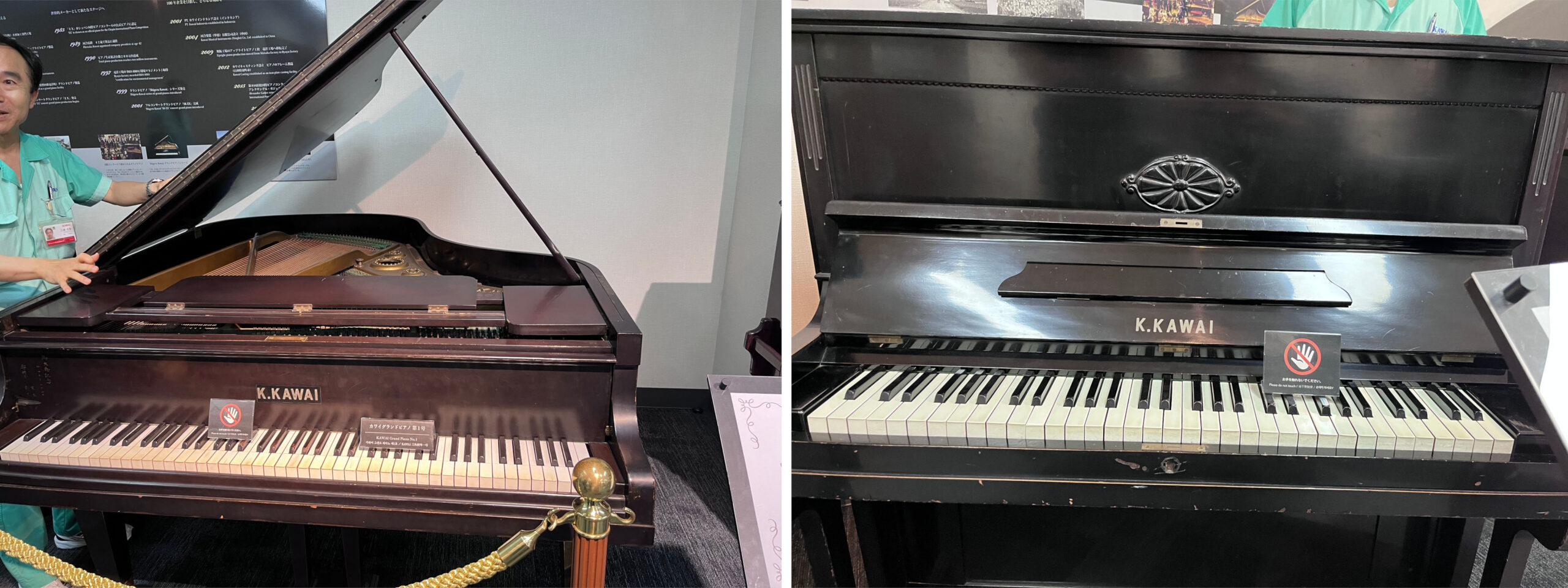 (左)カワイグランドピアノ第１号 (右)初期のカワイピアノ