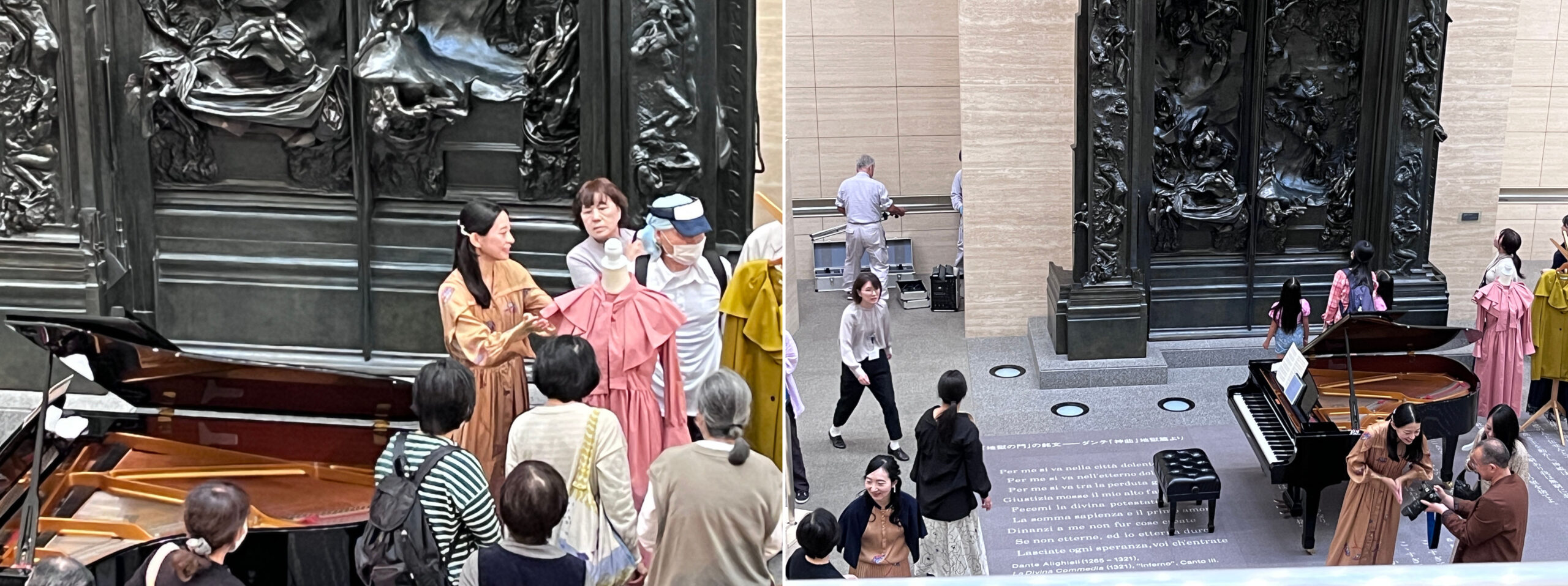 (左)「コンサート終演後の様子」(お揃いの記事の衣装のお二人。左が後藤先生）(右)「ドレスについて説明する花井さん」