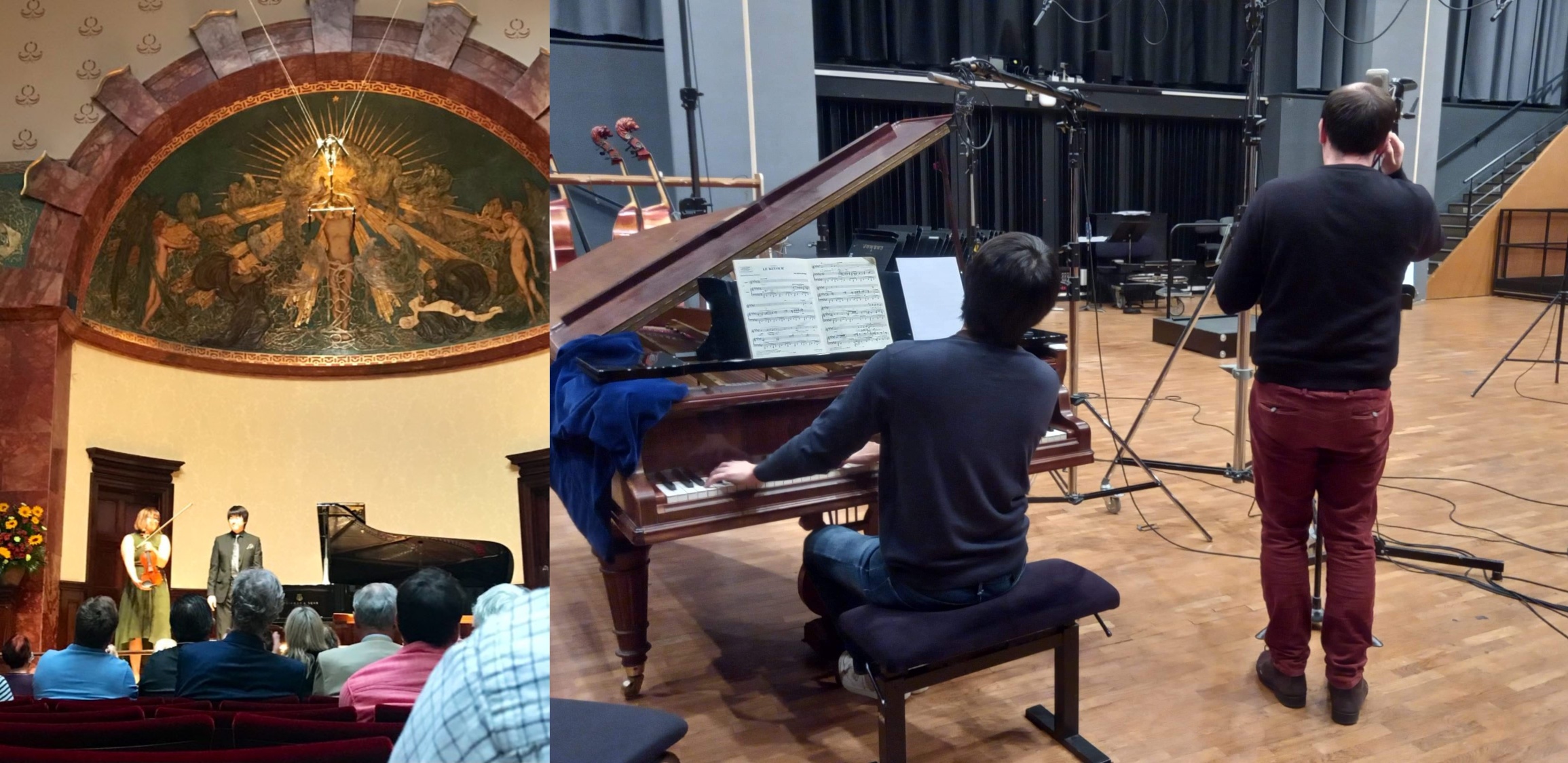 （左）パークハウスアワード国際室内楽コンクールのファイナル・コンサート　ロンドン・ウィグモアホールにて。（右）パリ音楽院にて。歌曲をCD録音している様子。